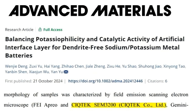 L'équipe USTC AM | CIQTEK SEM contribue à l'analyse morphologique microscopique des anodes métalliques en potassium